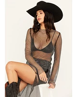 Rock & Roll Denim Women's Rhinestone Mesh Long Sleeve Top
