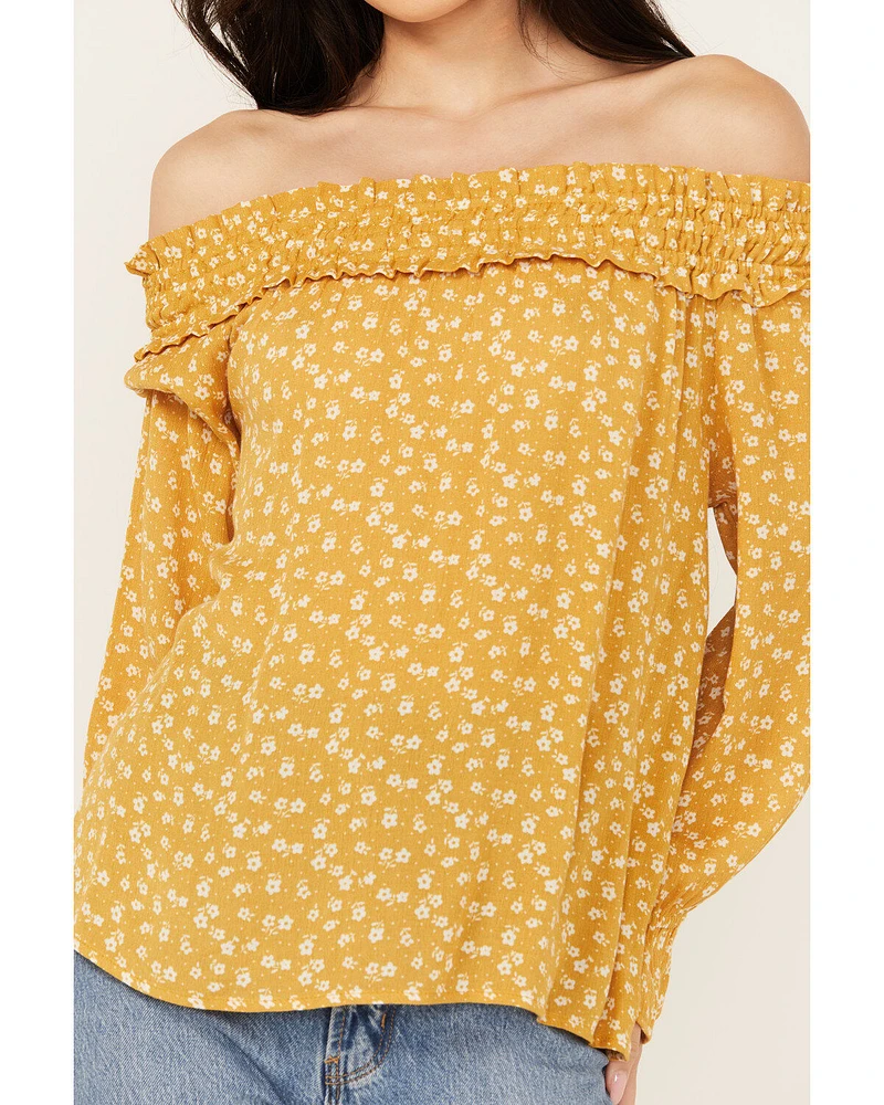 Wild Moss Women's Ditzy Floral Print Long Sleeve Off The Shoulder Shirt