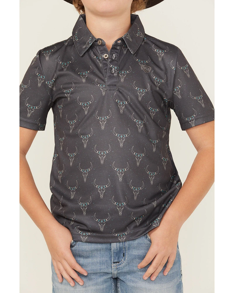 Rock & Roll Denim Boys' Long Horn Print Short Sleeve Button-Down Polo
