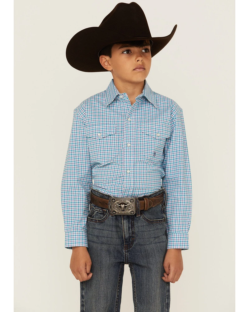 Roper Boys' Plaid Print Long Sleeve Pearl Snap Stretch Western Shirt