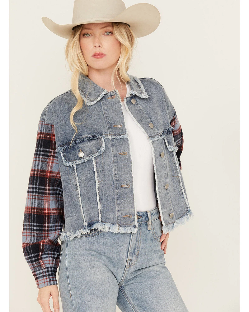 Miss Me Women's Medium Wash Denim Plaid Crochet Back Cropped Jacket