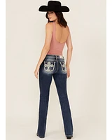 Miss Me Women's Dark Wash Mid Rise Cross Pocket 34" Bootcut Stretch Denim Jeans