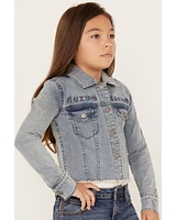 Shyanne Girls' Forks Light Wash Frayed Embroidered Denim Jacket