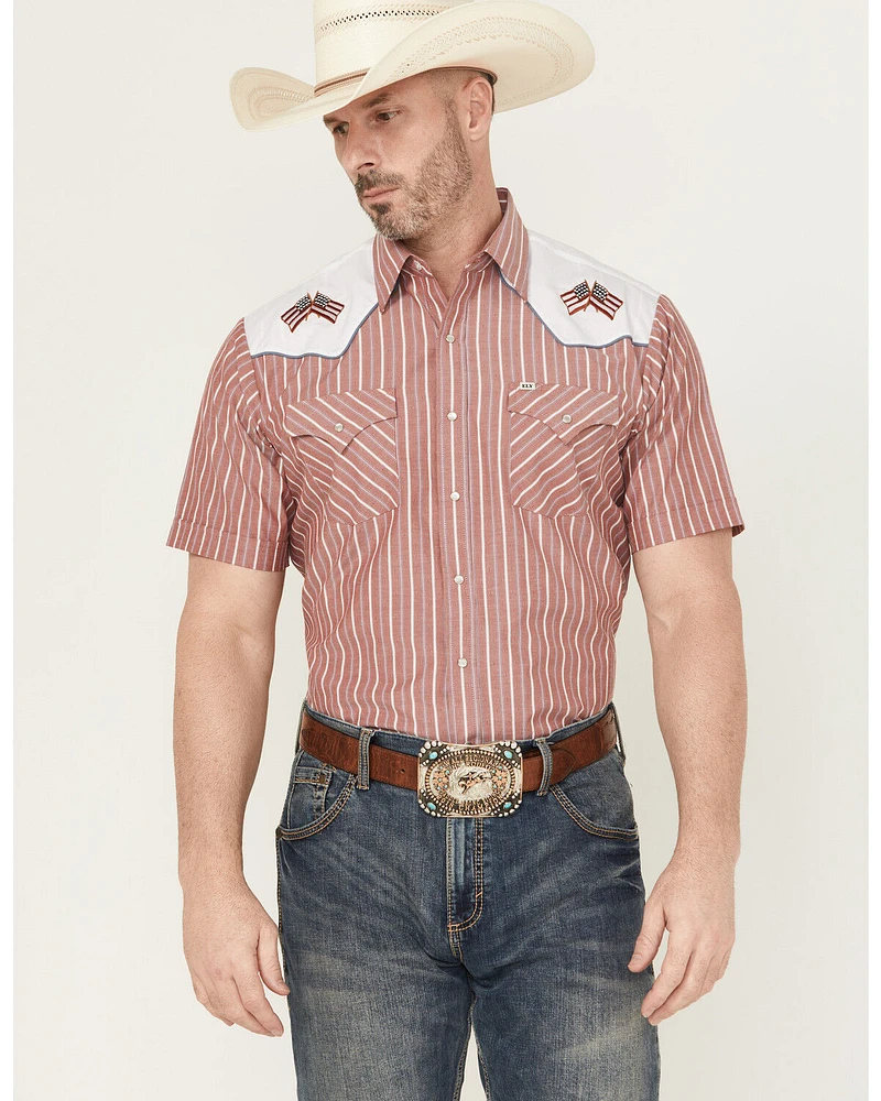 Ely Walker Men's Flag Yoke Striped Short Sleeve Pearl Snap Western Shirt