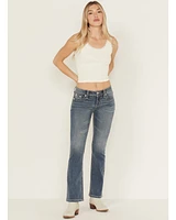 Miss Me Women's Medium Wash Mid Rise Floral Fleur de Lis Pocket 32" Bootcut Stretch Denim Jeans
