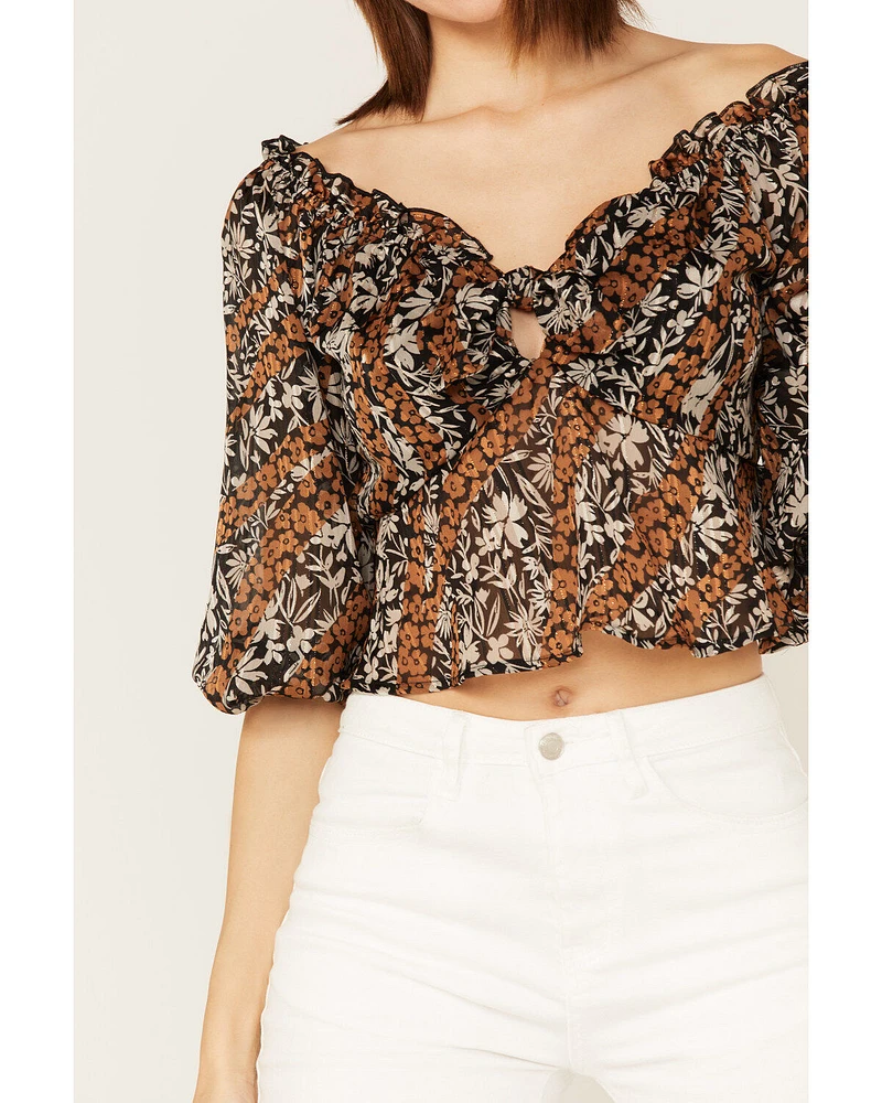 Wild Moss Women's Floral Print Tie-Front Peplum Crop Top