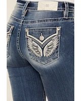 Miss Me Women's Medium Wash Mid Rise Wing Pocket 34" Bootcut Stretch Denim Jeans