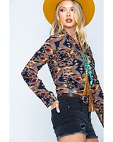 Ryan Michael Women's Aspen Southwestern Silk Print Long Sleeve Pearl Snap Western Shirt