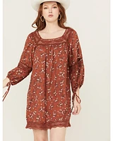 Angie Women's Floral Print Crochet Long Sleeve Mini Dress