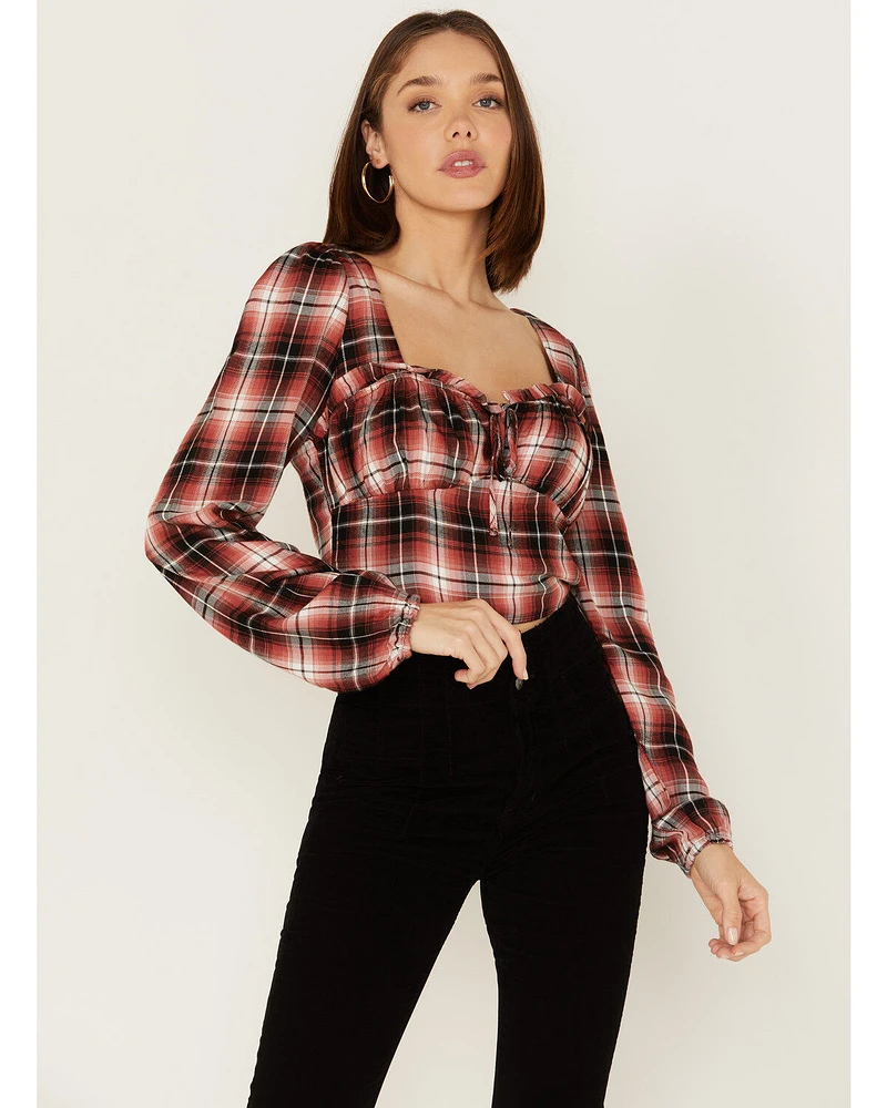 Wild Moss Women's Plaid Print Ruffle Tie Front Crop Top