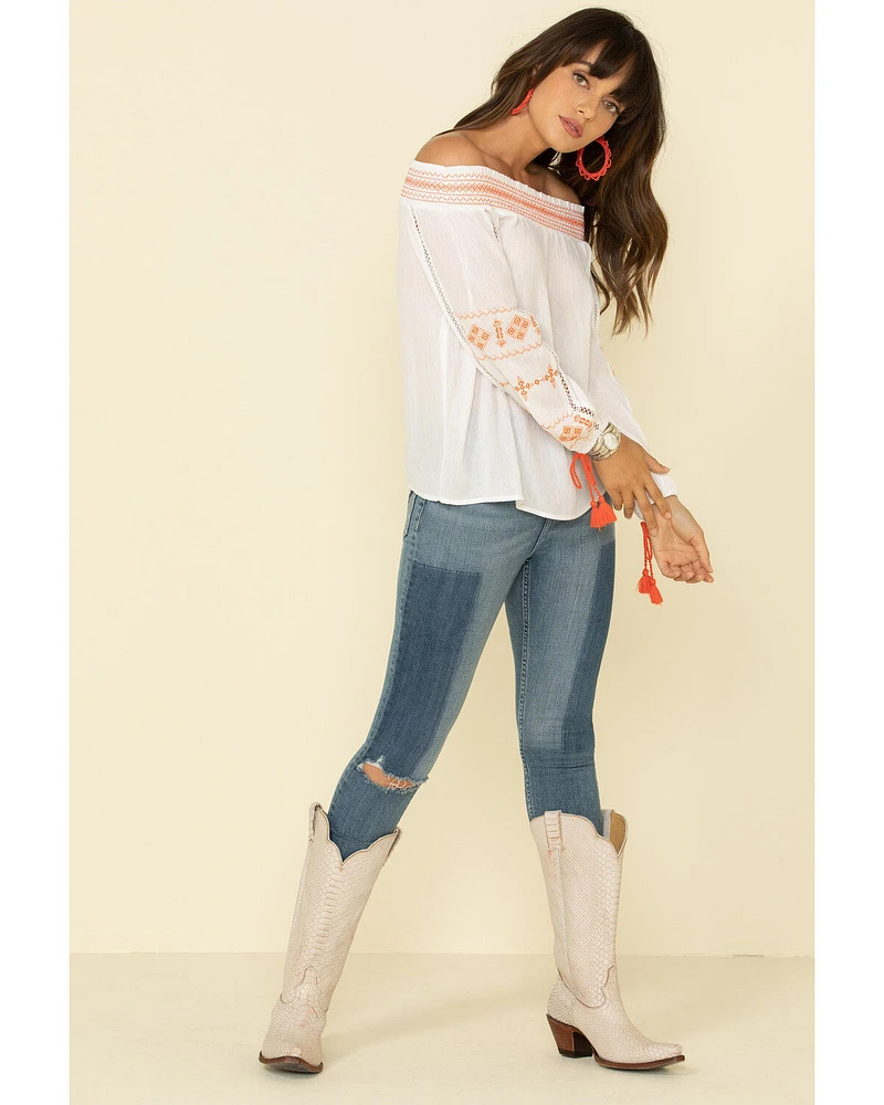 Wrangler Women's Embroidered Tassel Off Shoulder Top