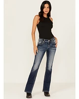 Miss Me Women's Dark Wash Mid Rise Geo Pocket 32" Bootcut Stretch Denim Jeans