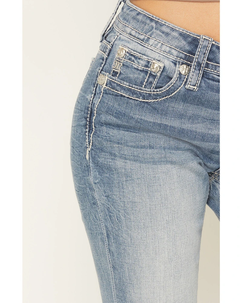 Miss Me Women's Light Wash Floral Wing Pocket 32" Bootcut Stretch Denim Jeans