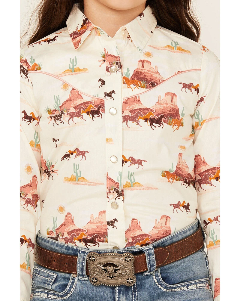 Wrangler Girls' Horse Desert Long Sleeve Pearl Snap Western Shirt