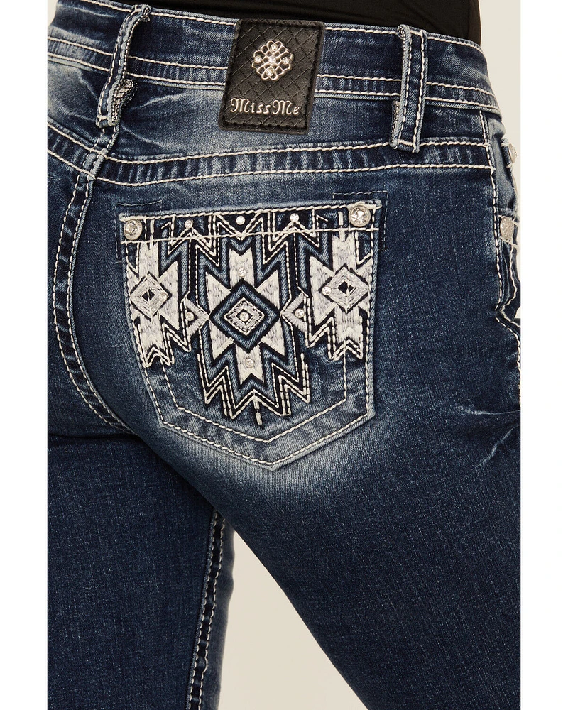 Miss Me Women's Dark Wash Mid Rise Geo Pocket 32" Bootcut Stretch Denim Jeans