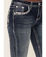Grace LA Women's Medium Wash Sequin Cow Skull Mid Rise Bootcut Stretch Denim Jeans