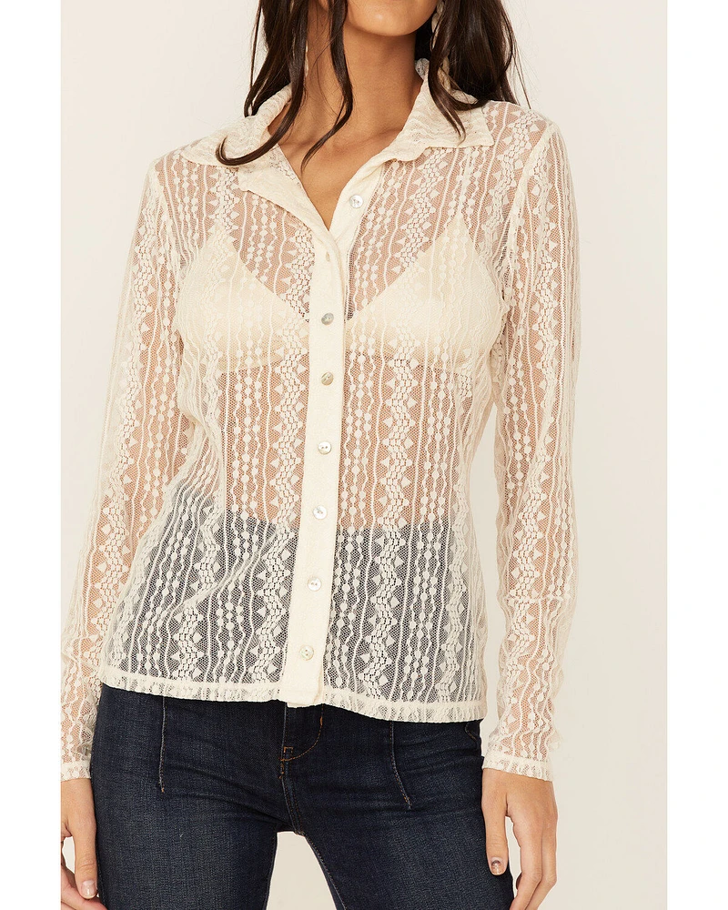 Wild Moss Women's Lace Button Front Sheer Long Sleeve Shirt