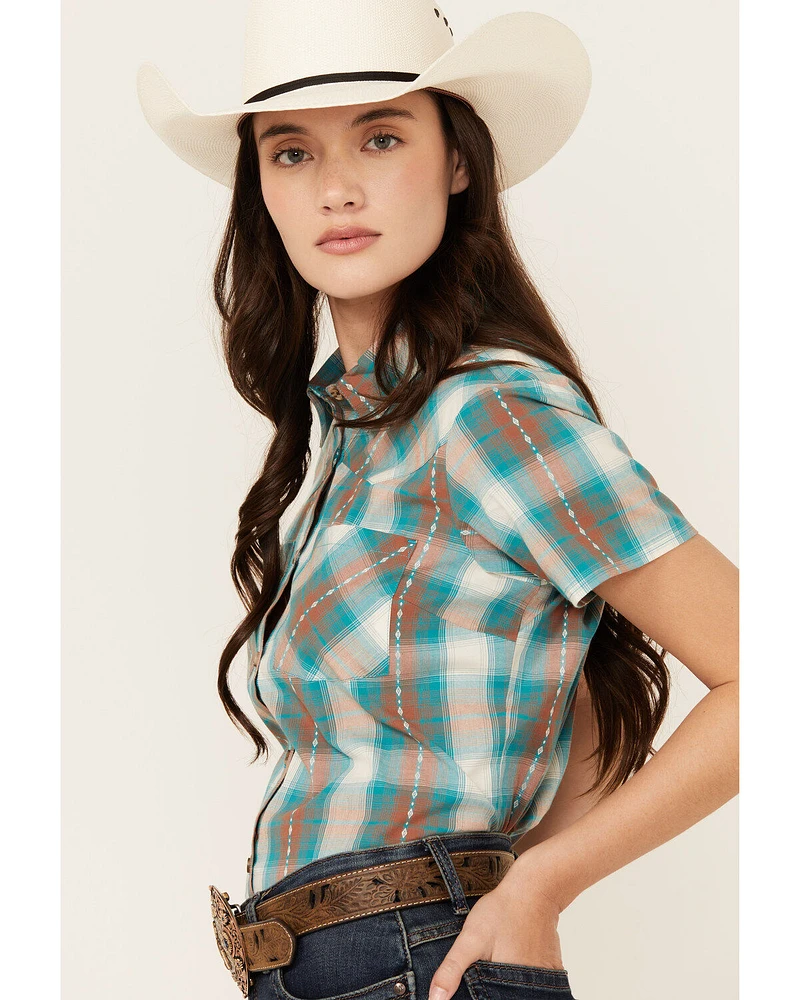 Shyanne Women's Plaid Print Short Sleeve Button-Down Stretch Western Shirt