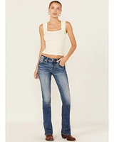 Miss Me Women's Medium Wash Mid Rise Floral Pocket 34" Bootcut Stretch Denim Jeans