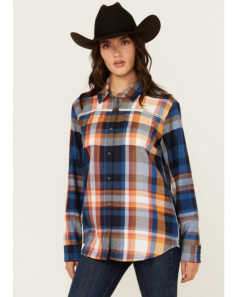 Shyanne Women's Plaid Print Ladder Lace Trim Long Sleeve Button-Down Flannel Shirt