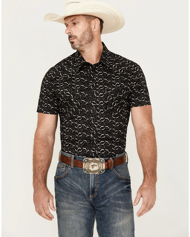 Rock & Roll Denim Men's Longhorn Print Short Sleeve Pearl Snap Stretch Western Shirt