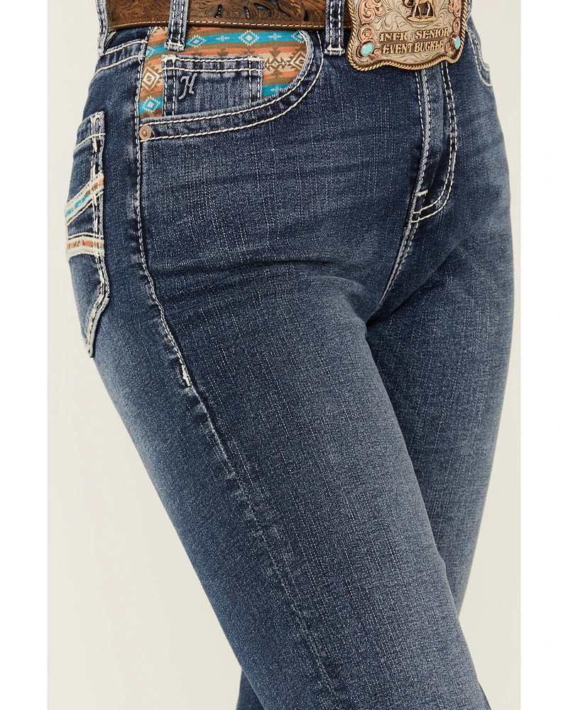 Hooey by Rock & Roll Denim Women's Medium Wash High Rise Southwestern Print Stretch Bootcut Jeans