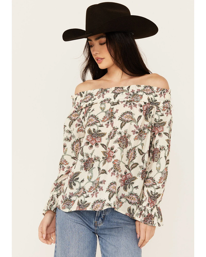 Wild Moss Women's Floral Print Long Sleeve Off The Shoulder Shirt