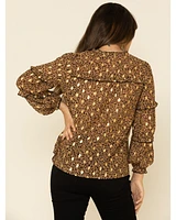 Mystree Women's Leopard Foil Puff Sleeve Blouse Top