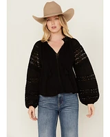 Revel Women's Long Sleeve Crochet Trim Top
