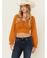 Beyond The Radar Women's Floral Lace Long Sleeve Tie Back Cropped Shirt