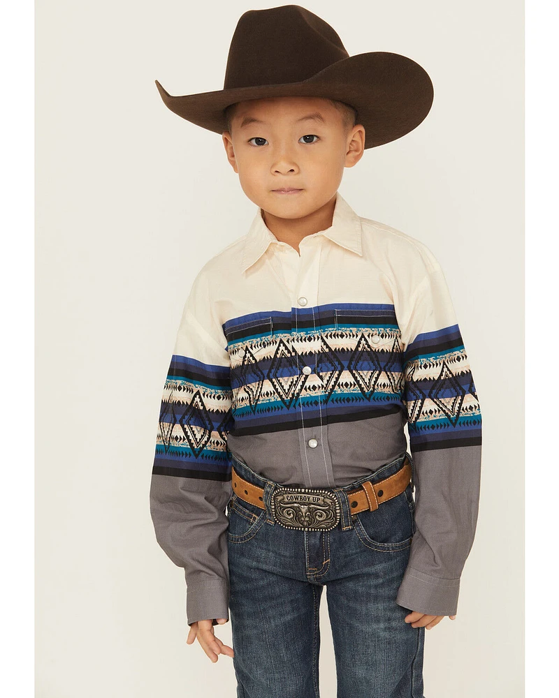 Roper Boys' Southwestern Striped Border Print Long Sleeve Pearl Snap Western Shirt