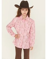 Panhandle Girls Cactus Print Long Sleeve Snap Western Shirt