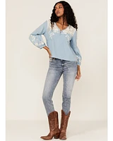 Roper Women's Denim Lace Embroidered Floral Peasant Top