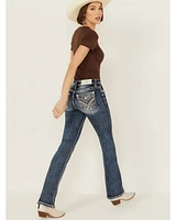 Miss Me Women's Dark Wash Mid Rise Faux Flap Pocket 34" Bootcut Stretch Denim Jeans