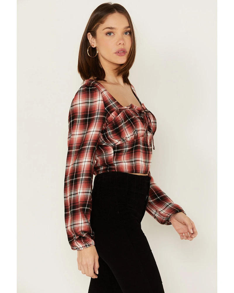 Wild Moss Women's Plaid Print Ruffle Tie Front Crop Top