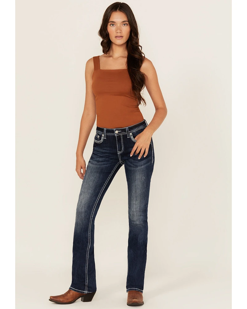 Grace LA Women's Dark Wash Embellished Mid Rise Bootcut Stretch Denim Jeans