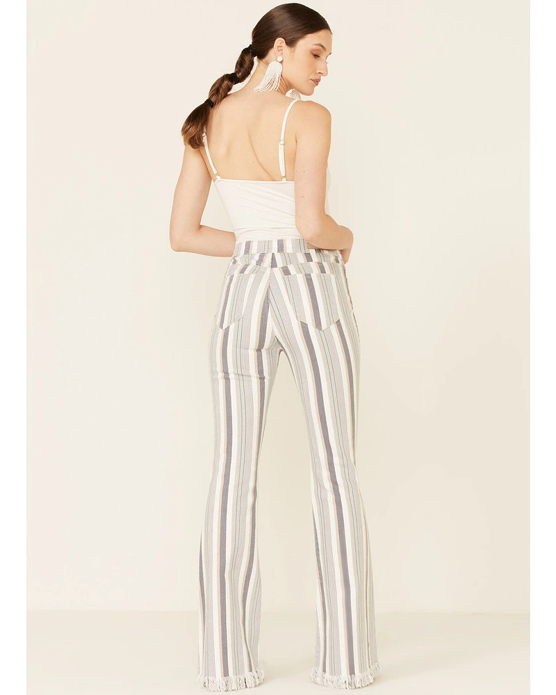 Cello Women's Striped Raw Hem Flare Jeans
