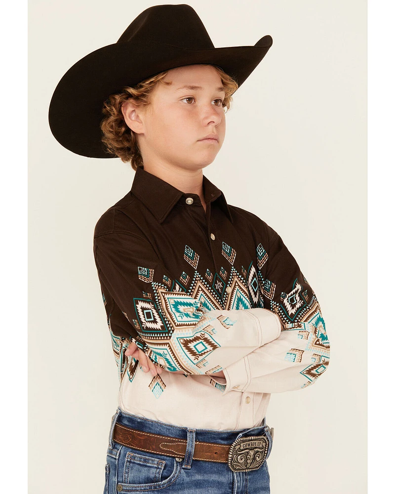 Panhandle Boys' Southwestern Print Border Long Sleeve Snap Western Shirt
