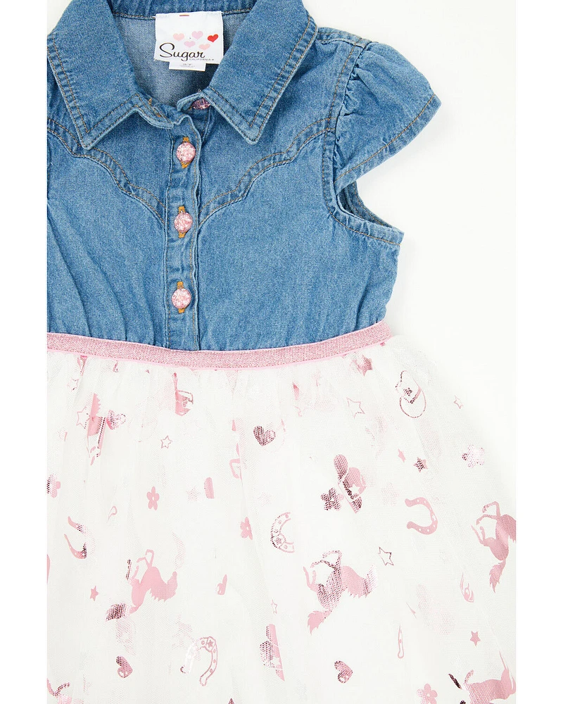 Sugar California Toddler Girls' Denim Short Sleeve Button-Down Tutu Dress