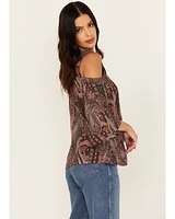 Shyanne Women's Printed Cold Shoulder Crochet Trim Top