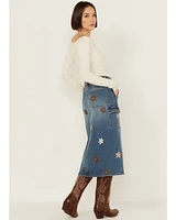 Driftwood Women's Medium Wash Floral Embroidered Denim Cargo Midi Skirt