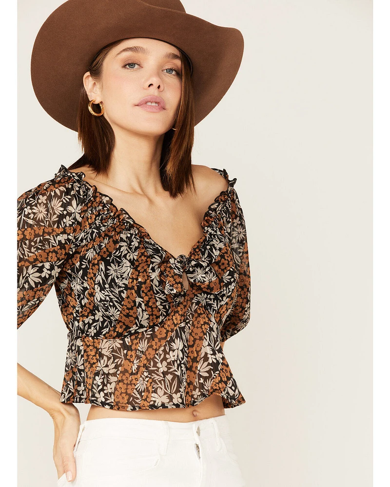 Wild Moss Women's Floral Print Tie-Front Peplum Crop Top