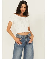Cleo + Wolf Women's Eyelet Smocked Short Sleeve Crop Top
