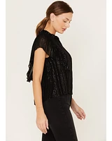 Revel Women's Metallic Striped Flutter Silver Top