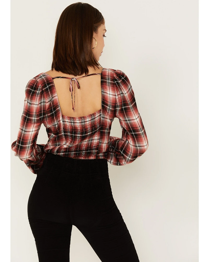 Wild Moss Women's Plaid Print Ruffle Tie Front Crop Top