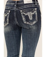 Grace LA Women's Medium Wash Sequin Longhorn Pocket Mid Rise Bootcut Stretch Denim Jeans