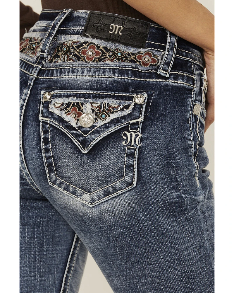 Miss Me Women's Medium Wash Mid Rise Floral Yoke 34" Bootcut Stretch Denim Jeans