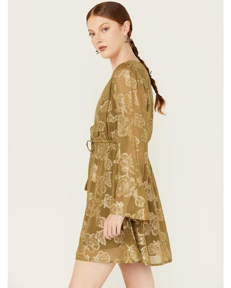 En Creme Women's Floral Metallic Long Sleeve Mini Dress