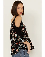 Wild Moss Women's Floral Print Crochet Cold Shoulder Top