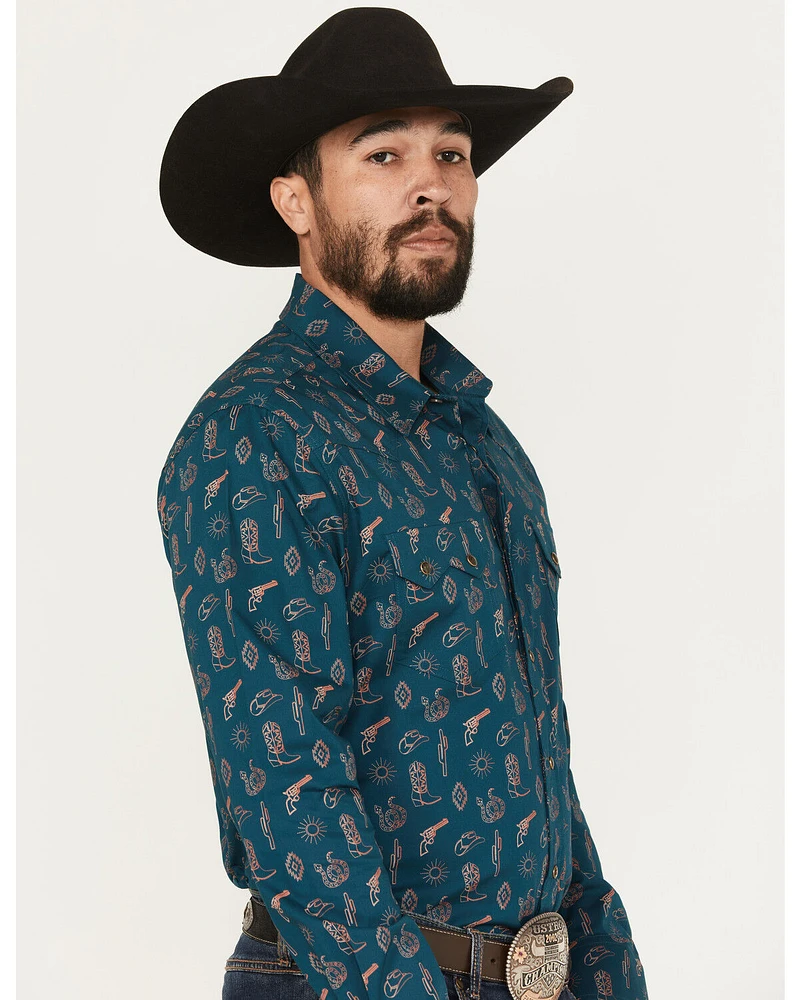 Rock & Roll Denim Men's Cowboy Print Long Sleeve Snap Stretch Western Shirt